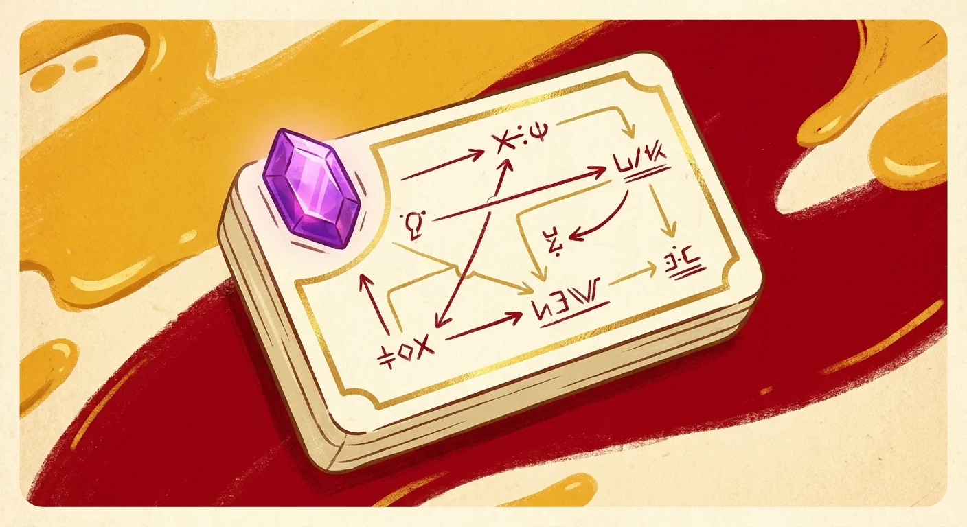 Illustration of a purple gemstone slotted into a recipe card with hand-drawn network diagram lines