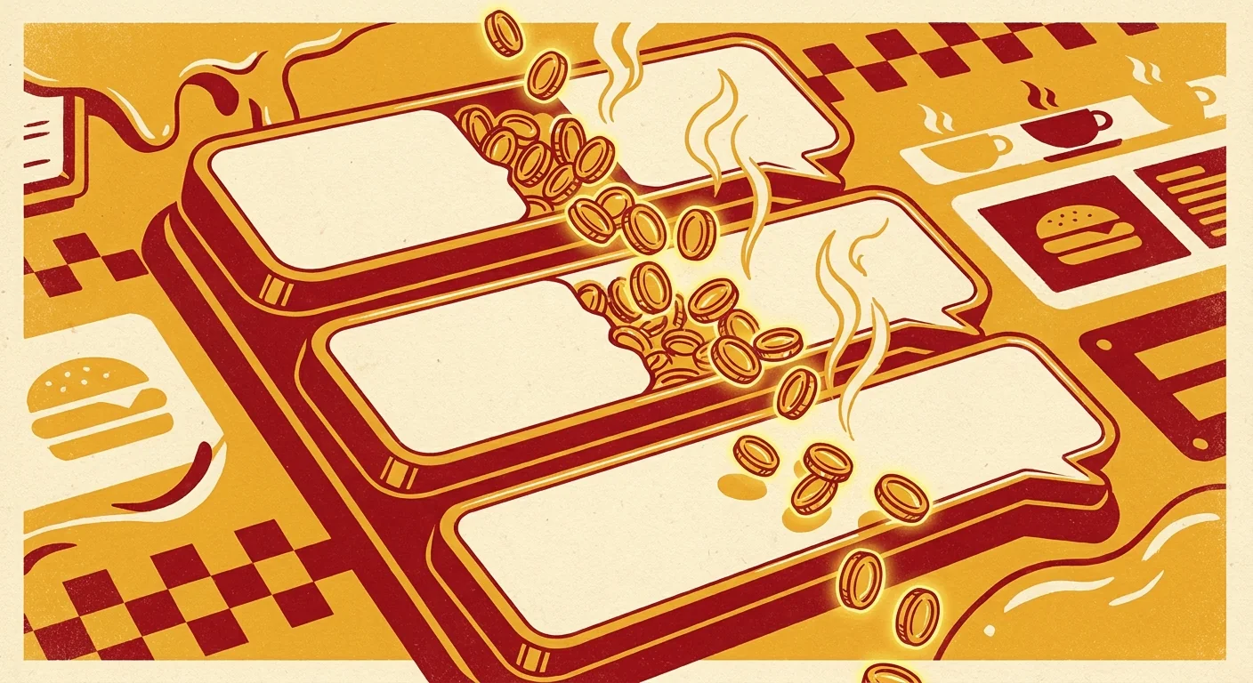 Illustration of cream chat bubbles stacked together with small gold coin tokens spilling out