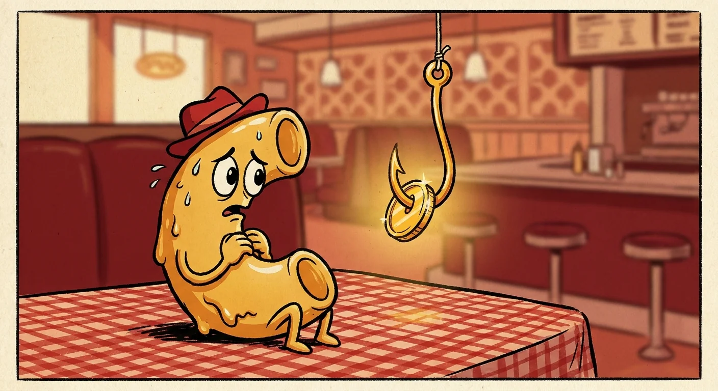 Illustration of a fishing hook baited with a gold token in front of a nervous mac-and-cheese noodle character
