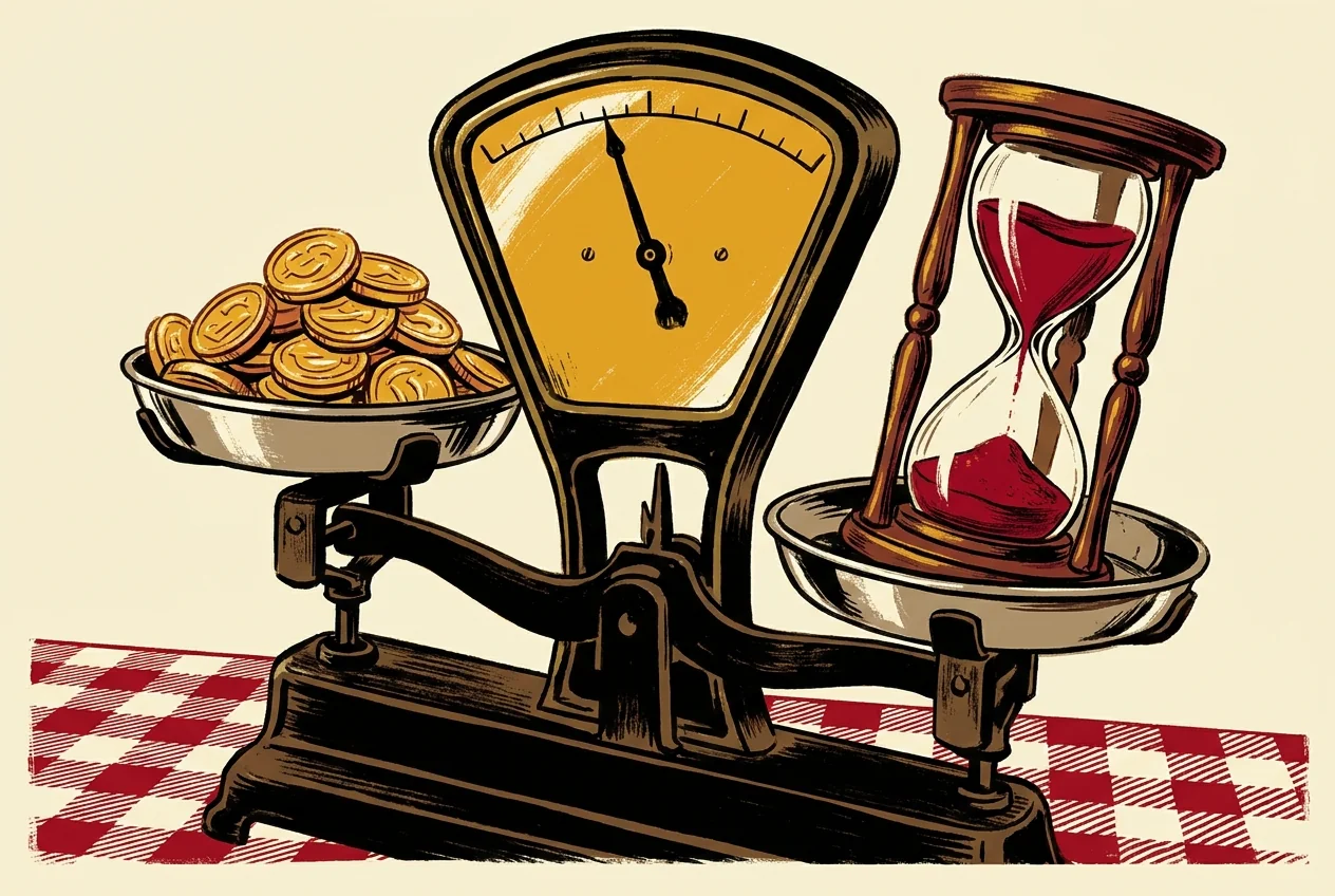 Illustration of a kitchen scale balancing golden tokens on one side and an hourglass on the other