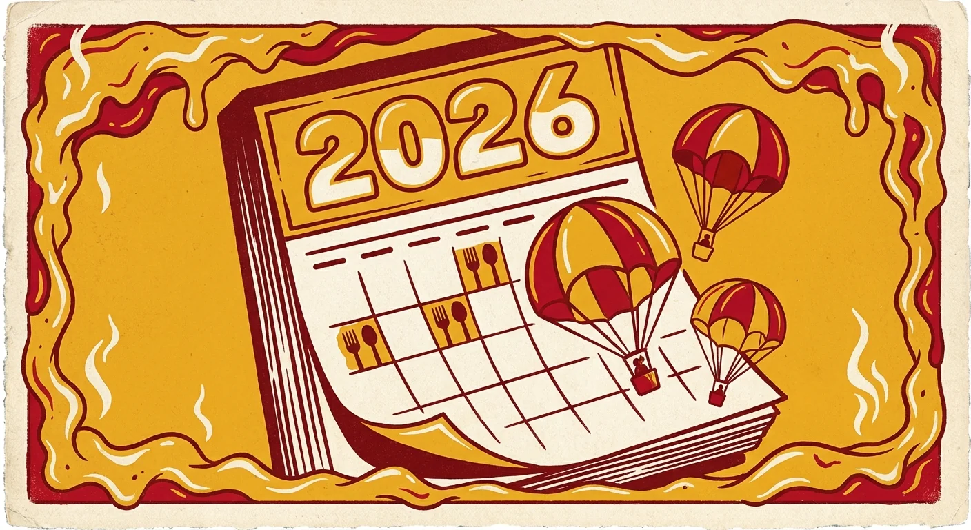 Illustration of a calendar page marked 2026 with three warm-toned parachutes drifting off it