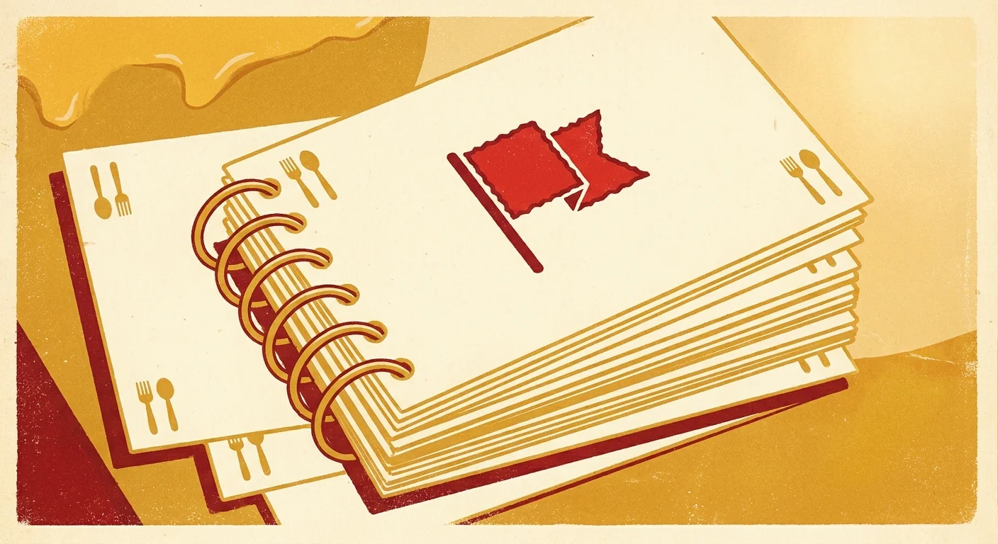 Illustration of a stack of cream index cards with tiny gold token icons, one marked with a red flag warning