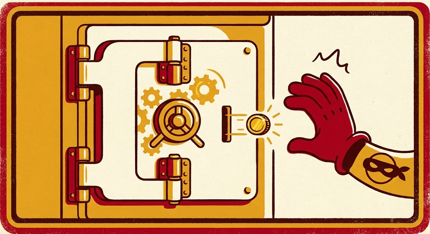 Illustration of a cream vault door with a gold coin sliding inside while a red masked hand slips away empty
