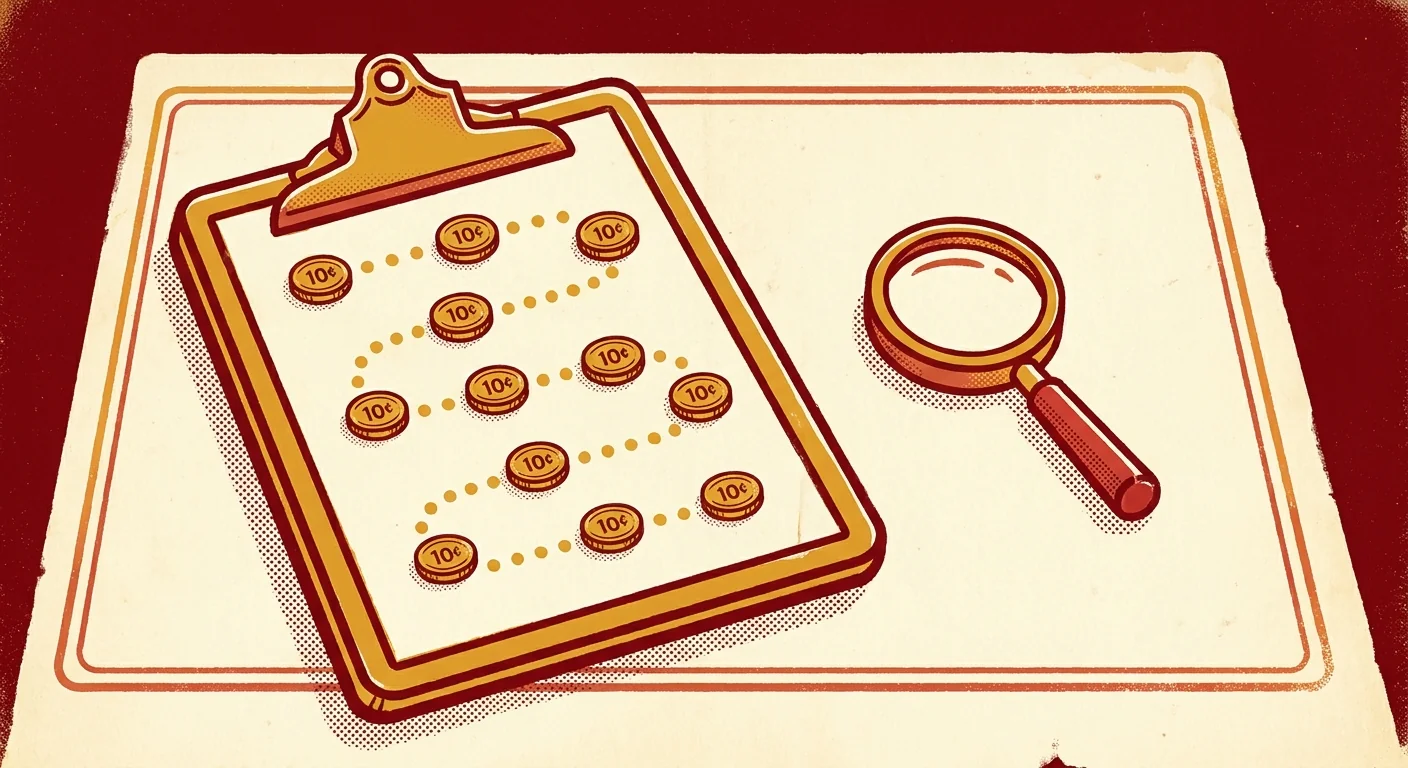 Illustration of a cream detective clipboard with tiny gold coin token stickers in a timeline and a magnifying glass