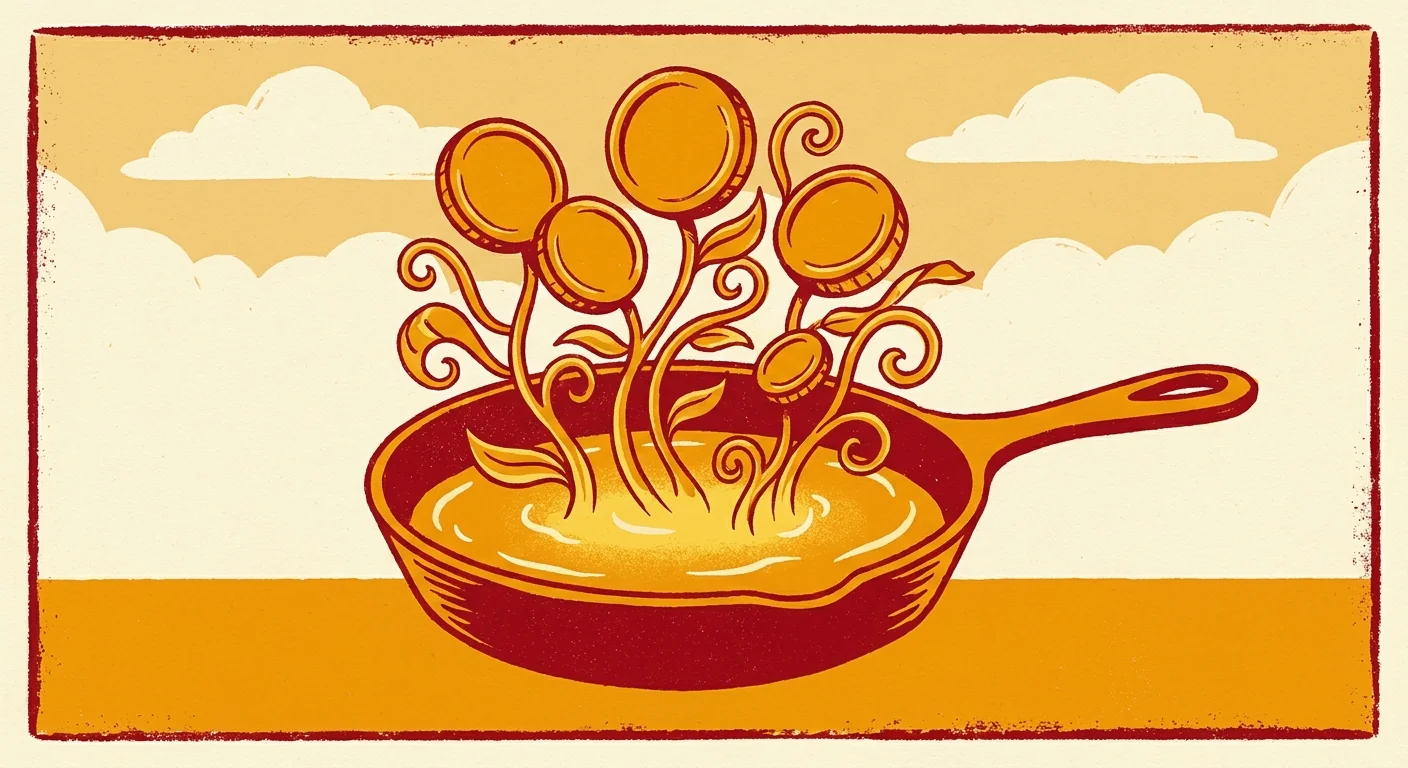 Illustration of a small crop field of golden token plants growing out of a warm iron skillet