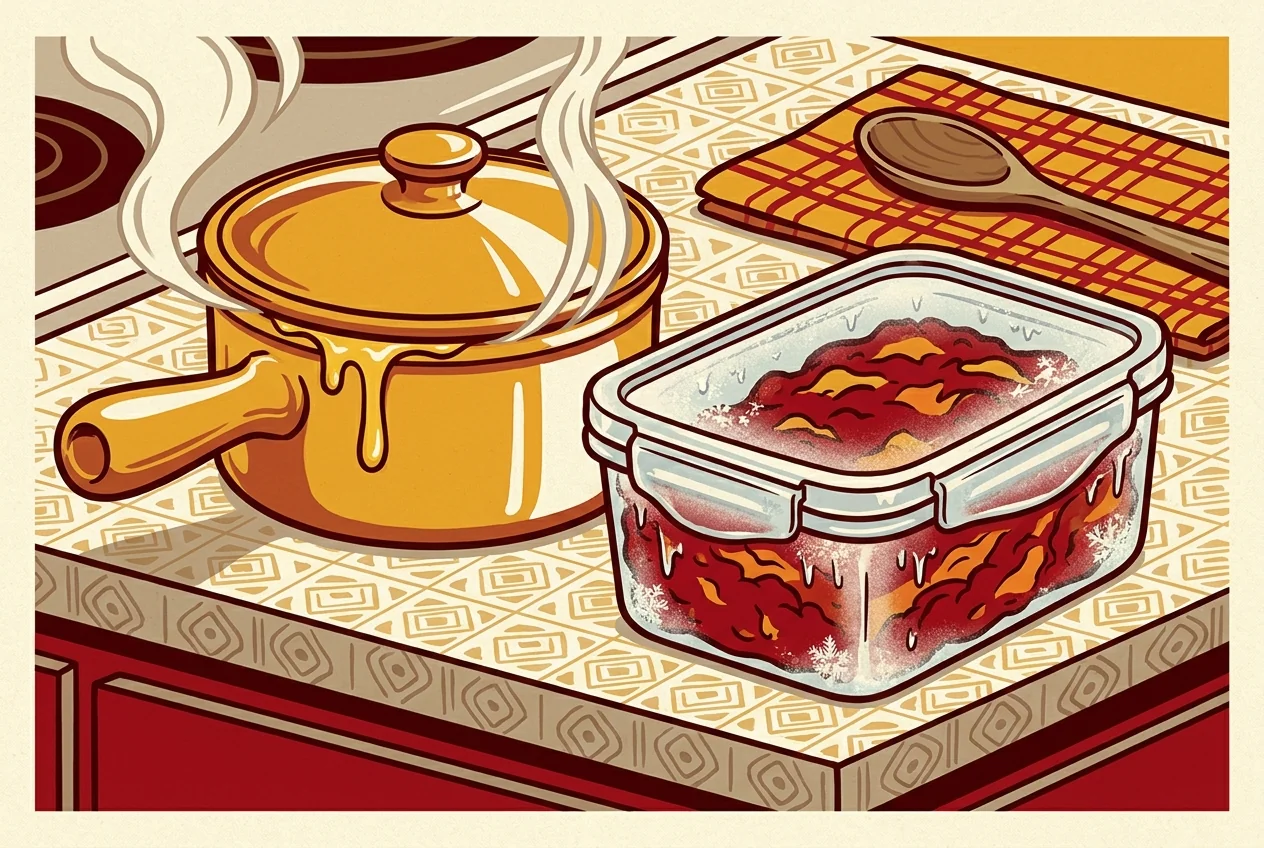 Illustration of a steaming saucepan next to a frosty sealed container, side by side on a counter