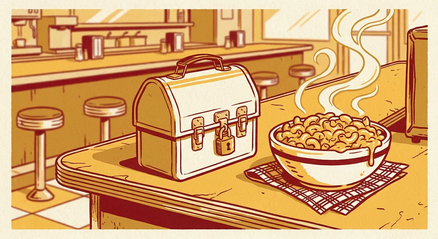 Illustration of a padlocked lunchbox and a warm bowl of mac and cheese side by side on a diner counter