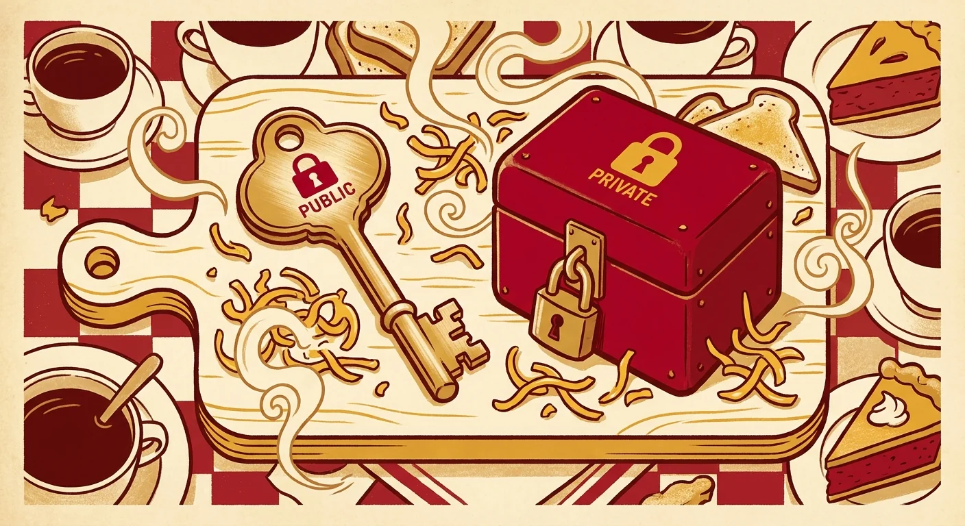 Illustration of a chef's board with a gold key labeled public and a red locked box labeled private side by side
