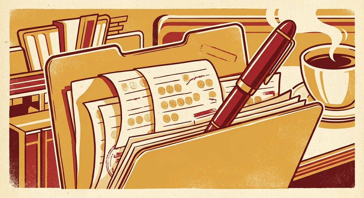 Illustration of a folder of receipts stamped with gold coin icons and a fountain pen resting across them