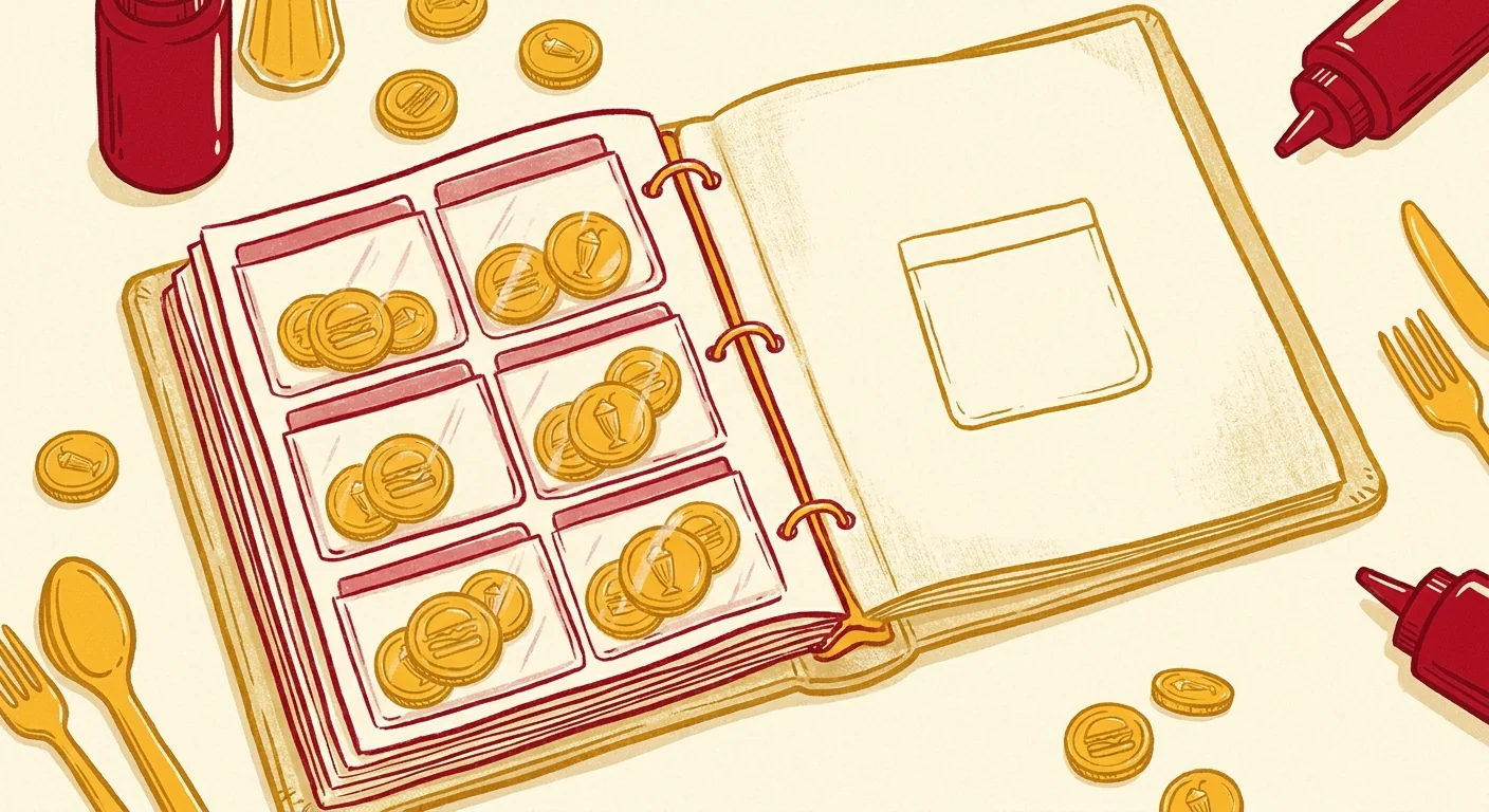 Illustration of a cream recipe binder with pockets holding tiny gold-coin token cards, one pocket empty