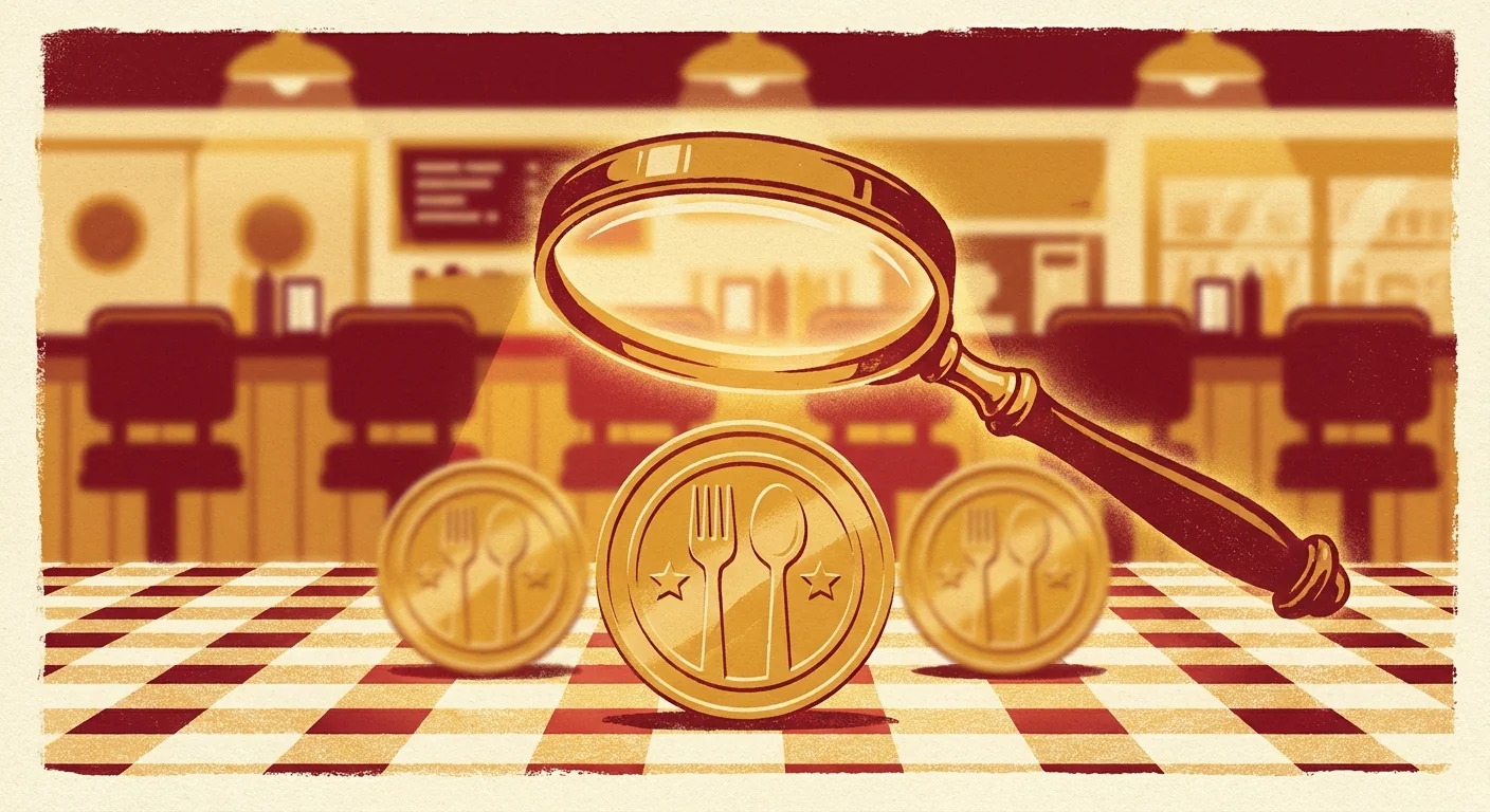 Illustration of a magnifying glass over three golden coin tokens on cream cloth, one clear and two blurred