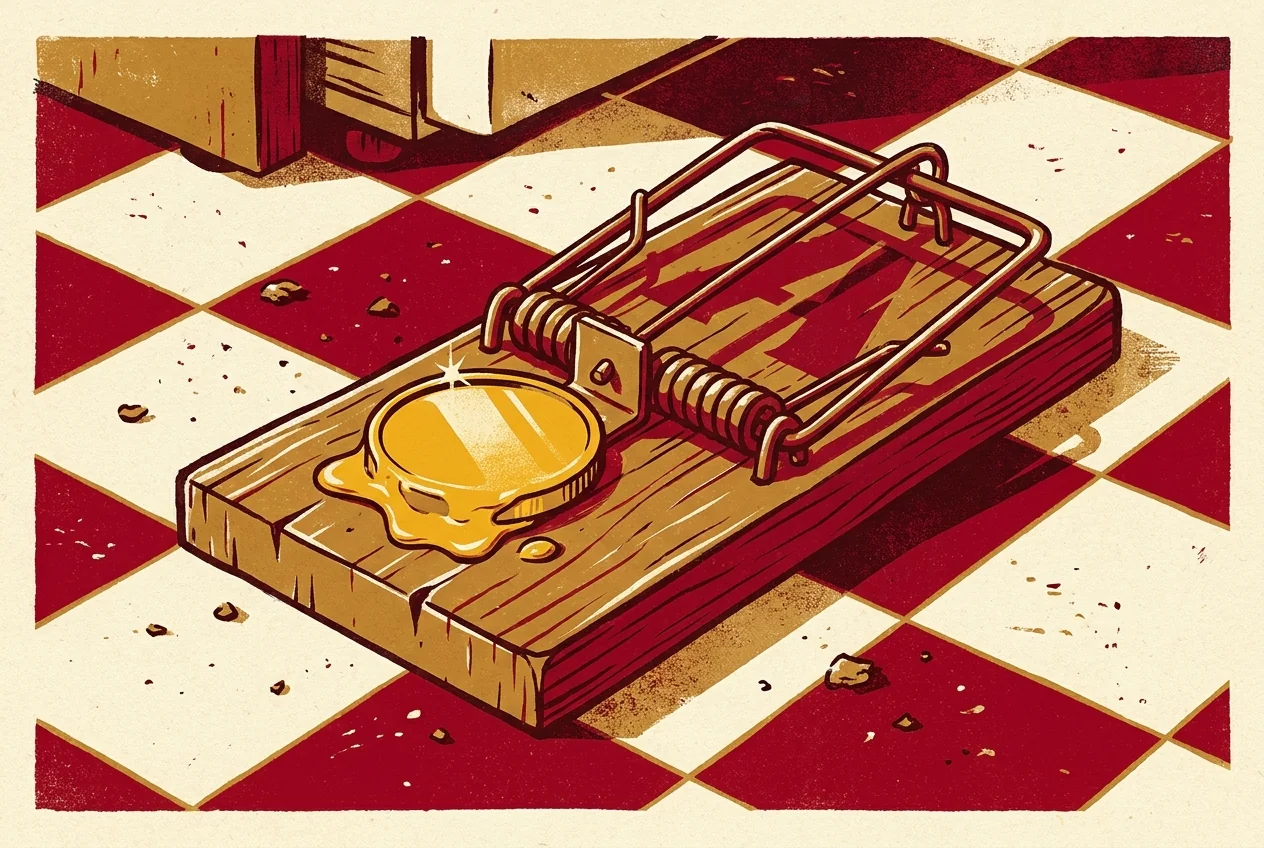 Illustration of a mousetrap on a kitchen floor baited with a shiny golden coin instead of cheese