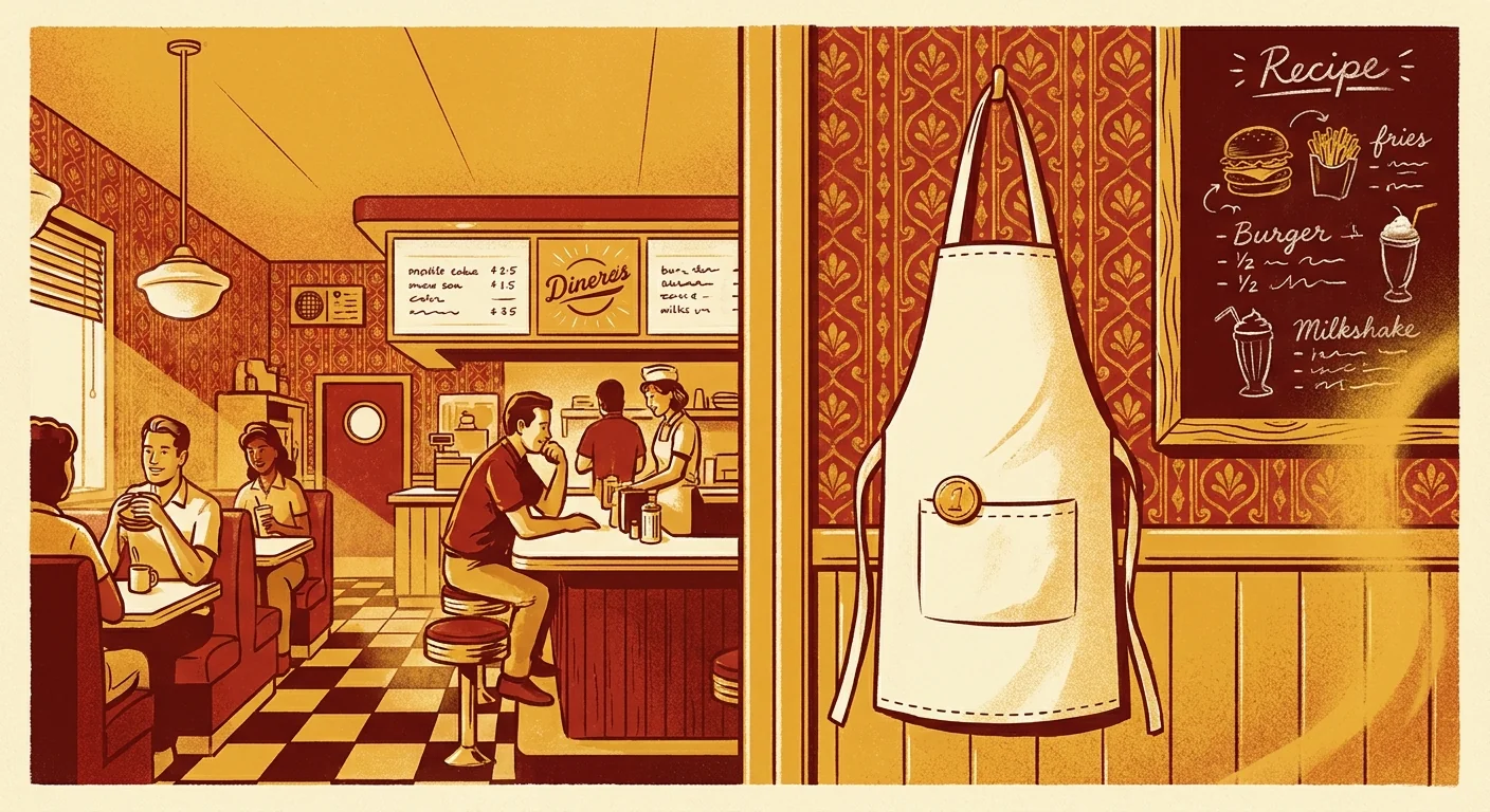 Illustration of a cream chef's apron with a small gold coin pin hanging next to a chalk-drawn recipe list