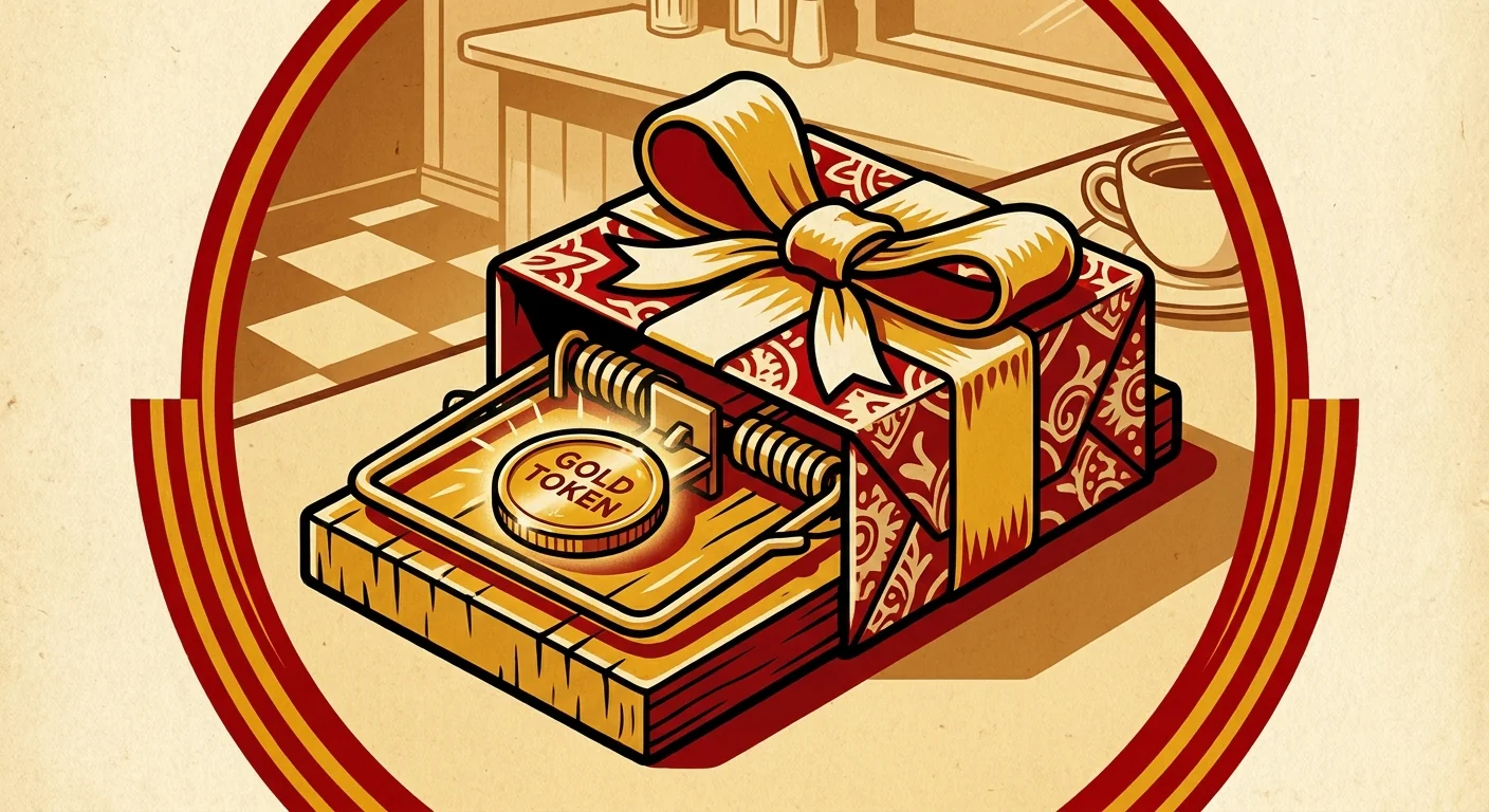 Illustration of a cartoon mouse trap dressed as a gift box with a gold token on top