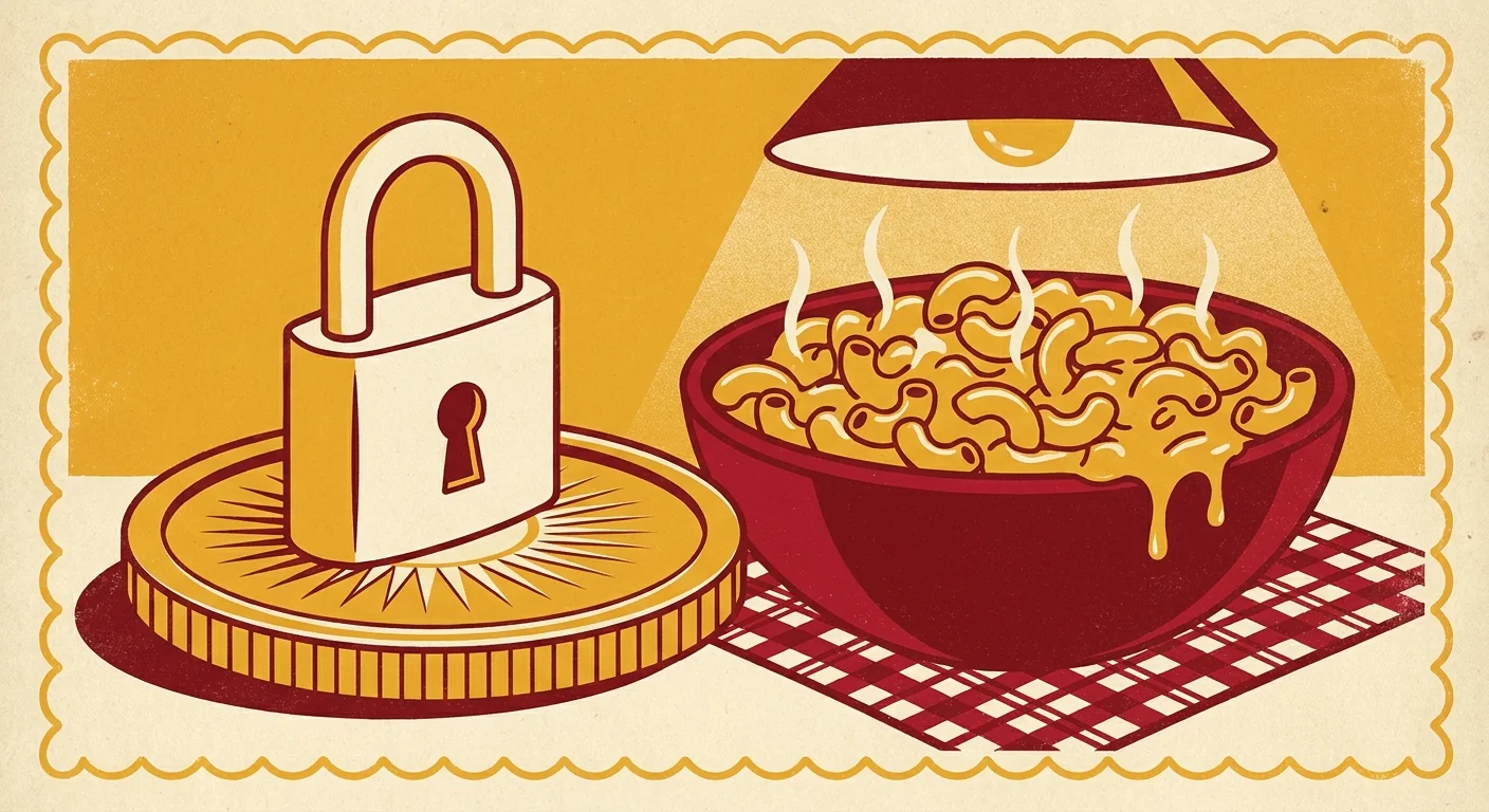 Illustration of a cream padlock sitting on top of a gold coin token with a warm bowl of mac and cheese in the background