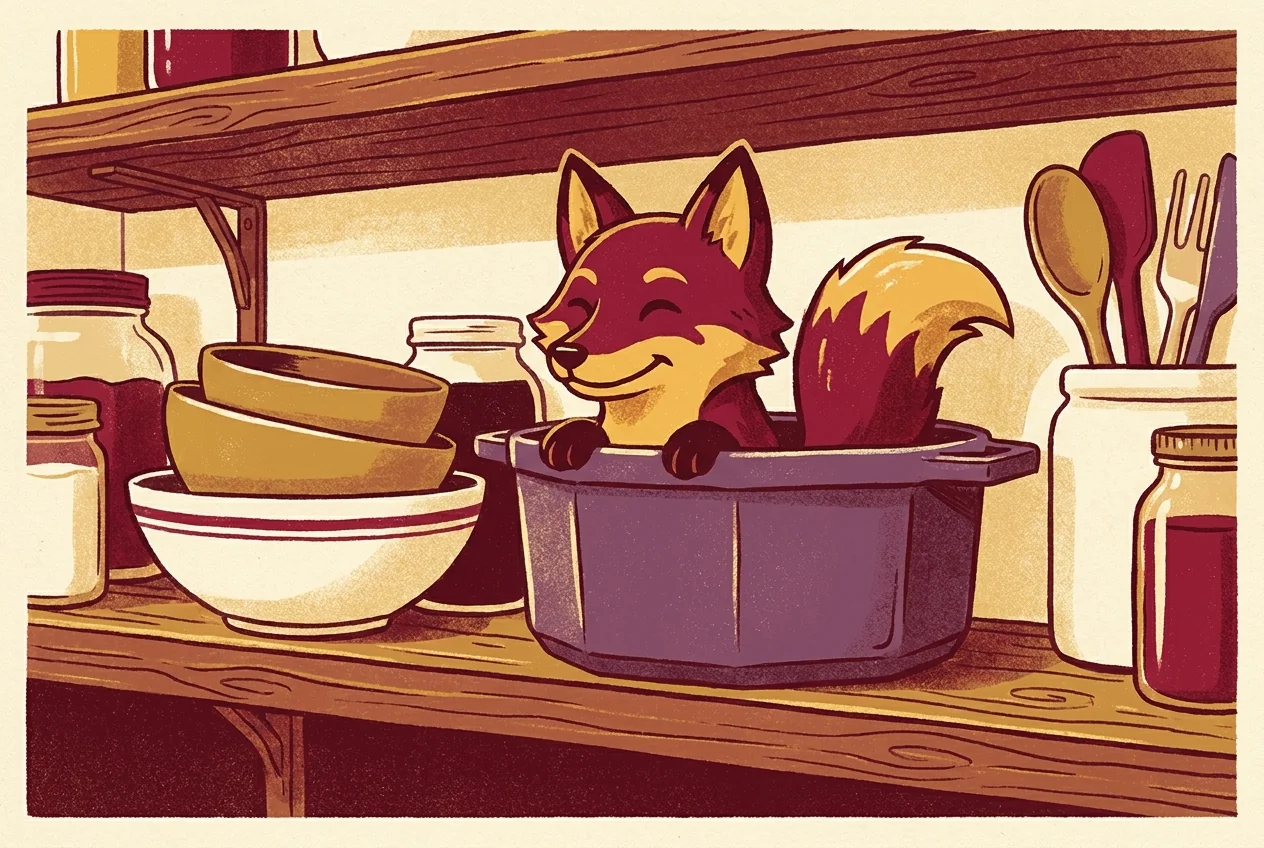 Illustration of a fox face peeking from a purple hexagonal pot sitting on a wooden kitchen shelf