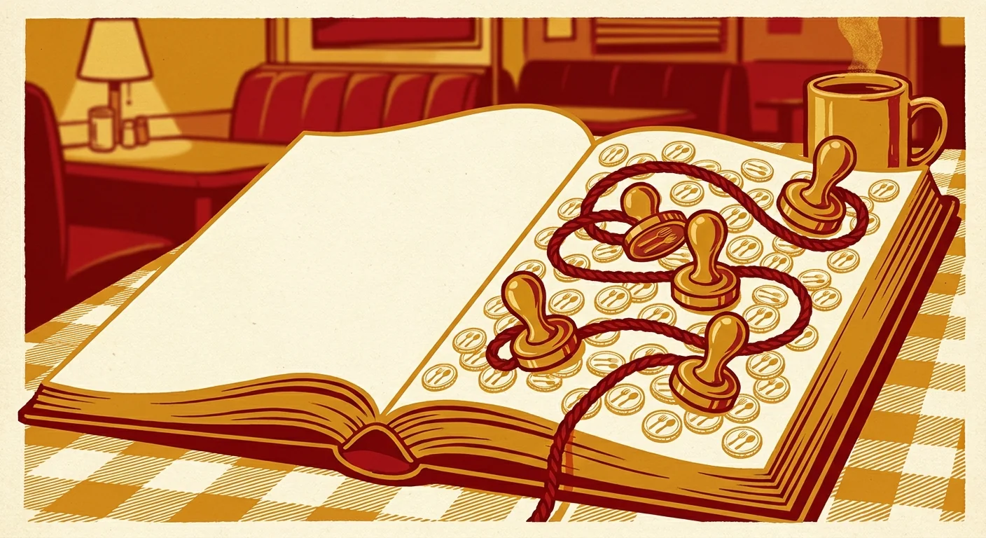 Illustration of a diner phonebook opened to a page of tiny golden coin stamps linked by a red string