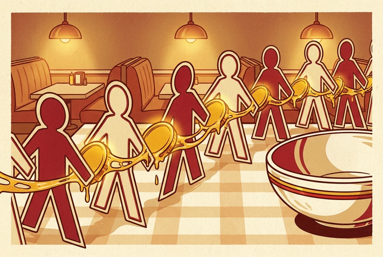 Illustration of a paper-doll chain of figures passing one golden coin along toward a large empty bowl