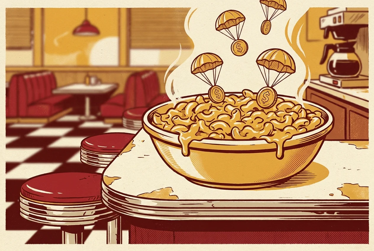 Illustration of a bowl of mac and cheese with small golden coins drifting down into it on tiny parachutes