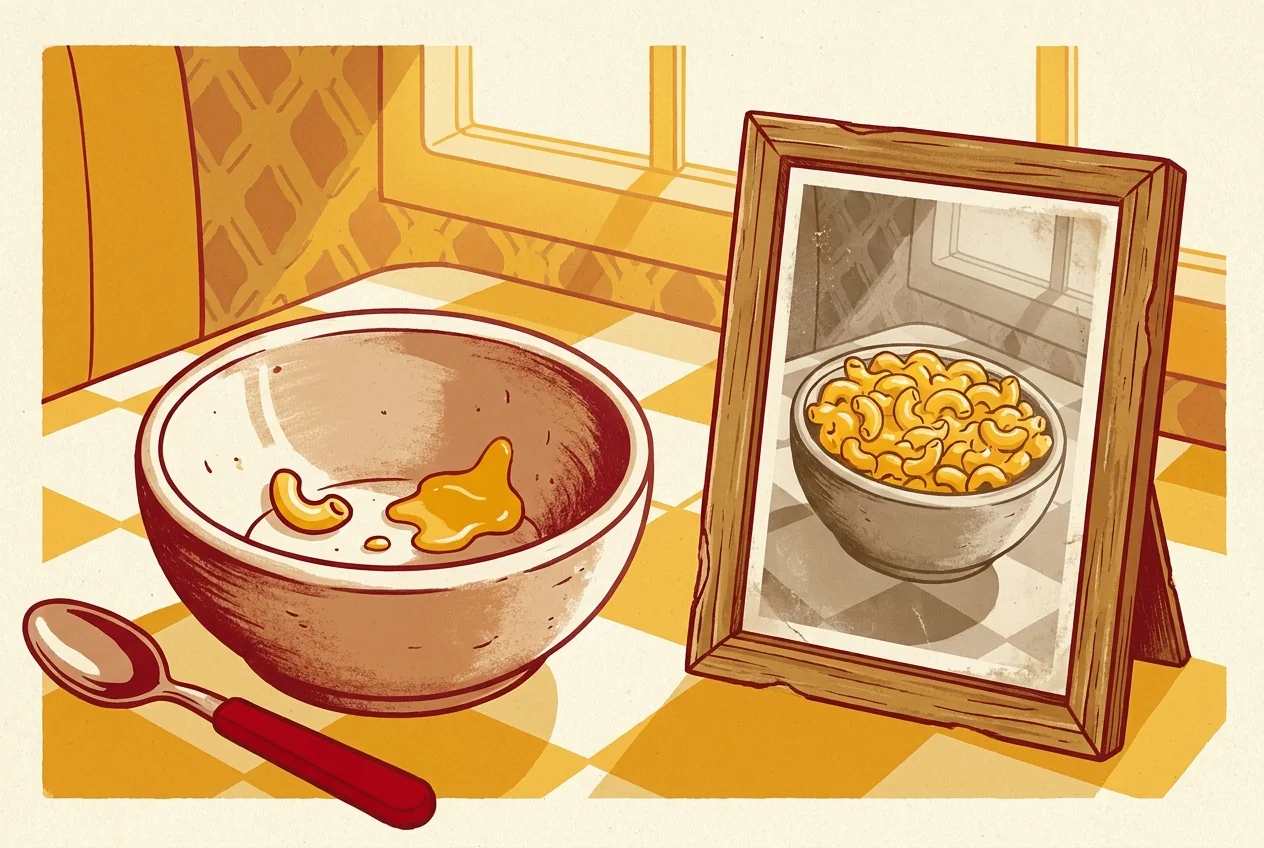 Illustration of a nearly empty mac and cheese bowl next to a faded photo showing the same bowl full