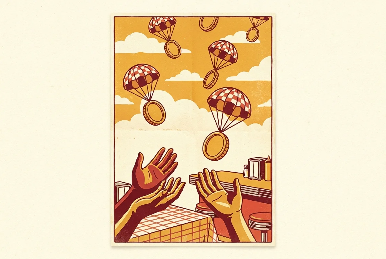 Illustration of golden tokens floating down on small parachutes toward a pair of open hands