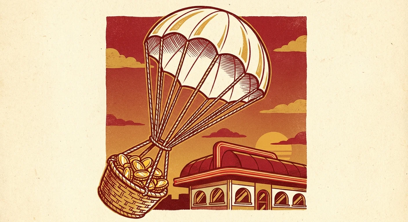 Illustration of a cream parachute drifting over a diner rooftop, carrying a basket of shiny gold coins