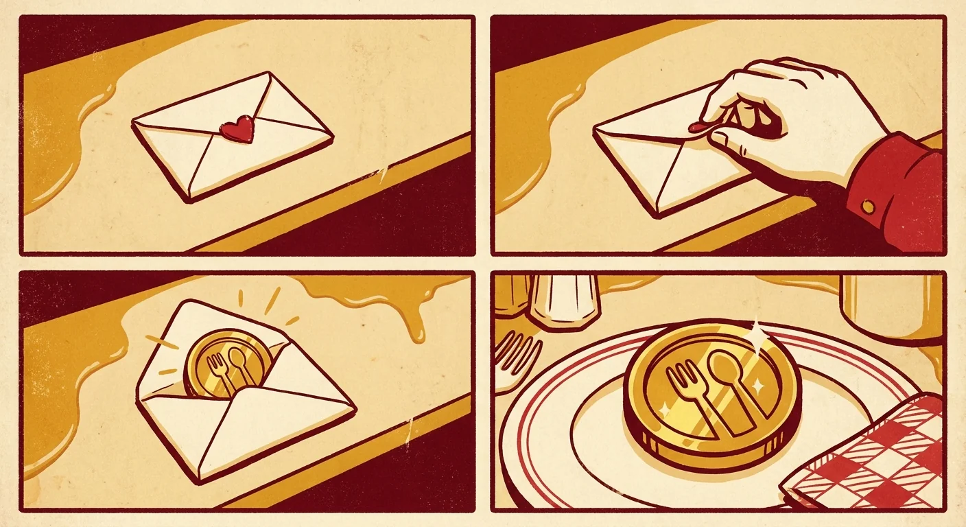 Illustration of a step-by-step comic strip showing a cream envelope opening to reveal a gold coin token