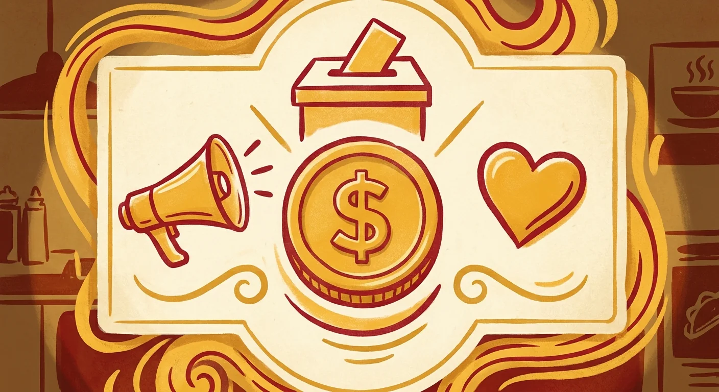 Illustration of a cream chalkboard with hand-drawn megaphone, ballot box, and heart icons around a central gold coin