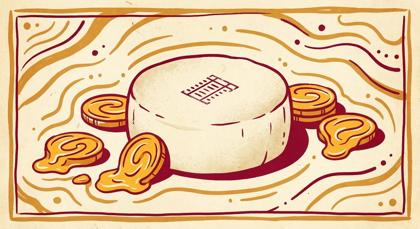 Illustration of a cream cheese wheel stamped with an XRP-style ledger stencil surrounded by small gold coin tokens