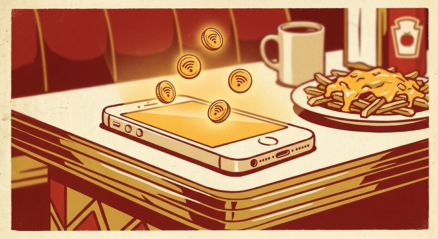 Illustration of a cream smartphone on a diner counter with tiny gold-coin airdrop icons hovering above the screen